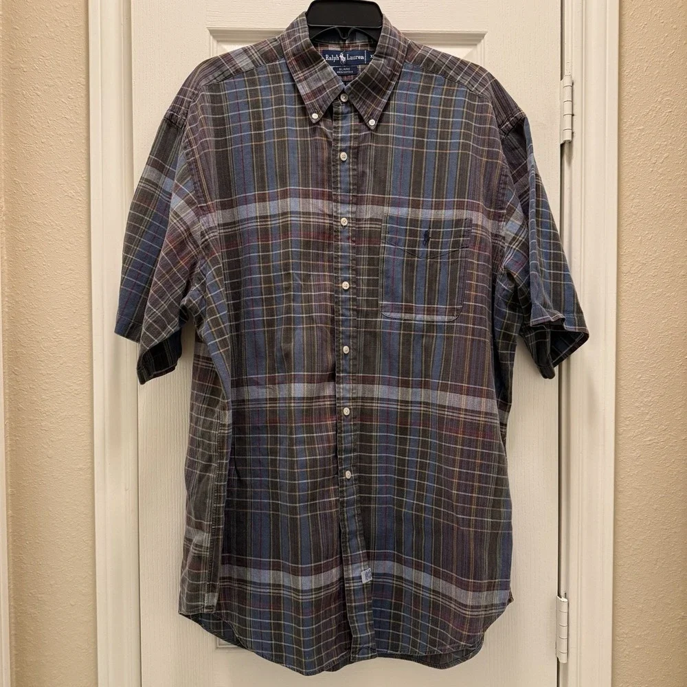 Ralph‎ Lauren Short Sleeve Button Up Shirt Men's XL Multicolor Plaid Polo Logo